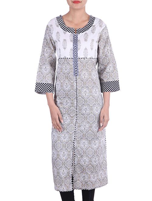 white, grey cotton kurta - 10005467 - Very Small Image - 1