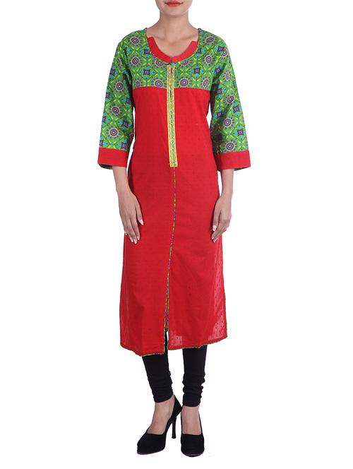 maroon, green cotton kurta - 10005485 - Very Small Image - 1