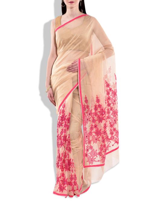 beige aari embroidered super net saree - 10012271 - Very Small Image - 1