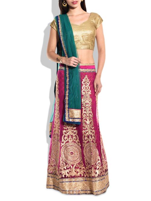 magenta,green net lehenga - 10012605 - Very Small Image - 1