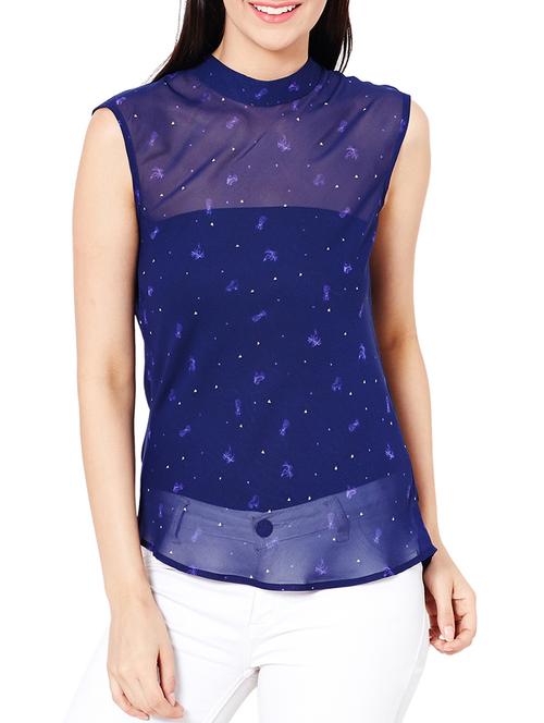 the vanca navy blue printed georgette top with cowl back - 10016779 - Very Small Image - 1