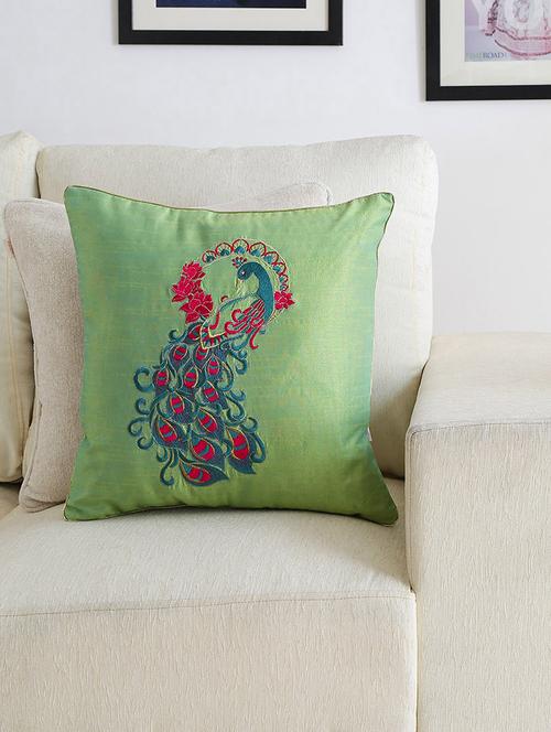 lime green peacock embroidered polyester cushion cover - 10037243 - Very Small Image - 1