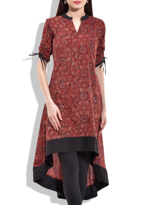 maroon asymmetric ajrakh block printed long kurti - 10044198 - Very Small Image - 1