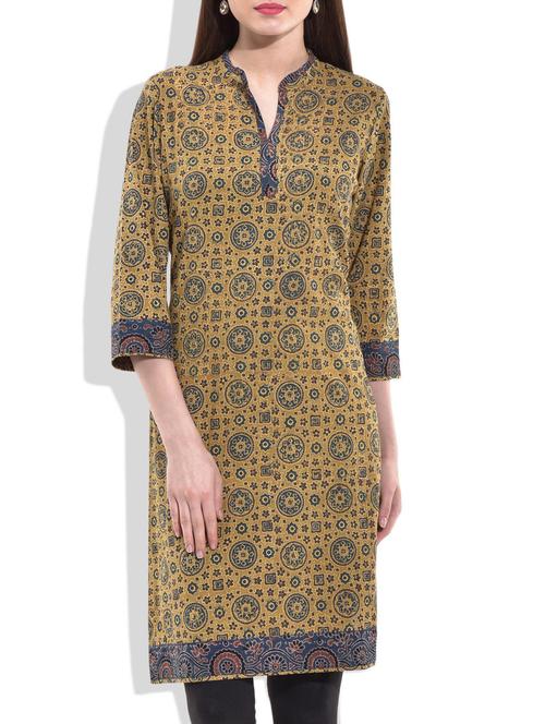 mustard ajrakh block printed kurti with blue slit neck - 10044201 - Very Small Image - 1
