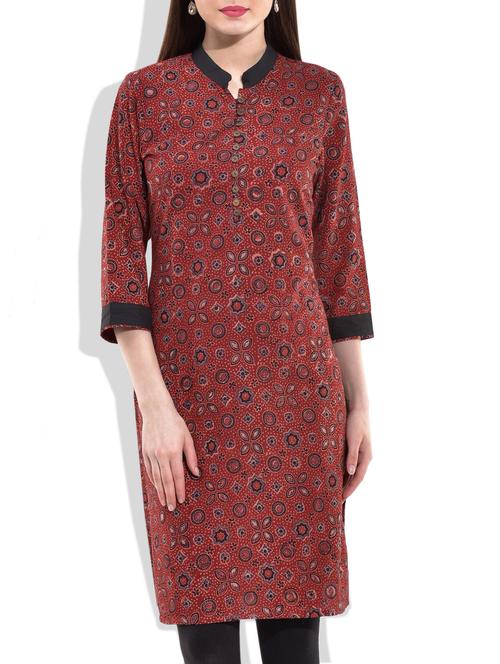 maroon ajrakh block printed kurti with wooden buttons - 10044205 - Very Small Image - 1