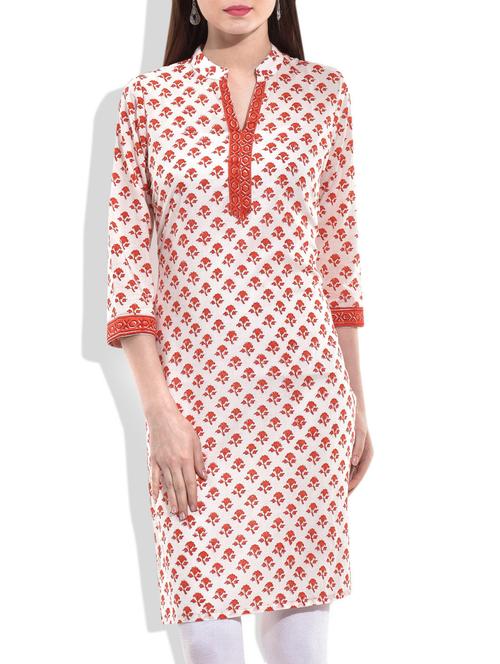 red and white hand block printed kurti - 10044215 - Very Small Image - 1