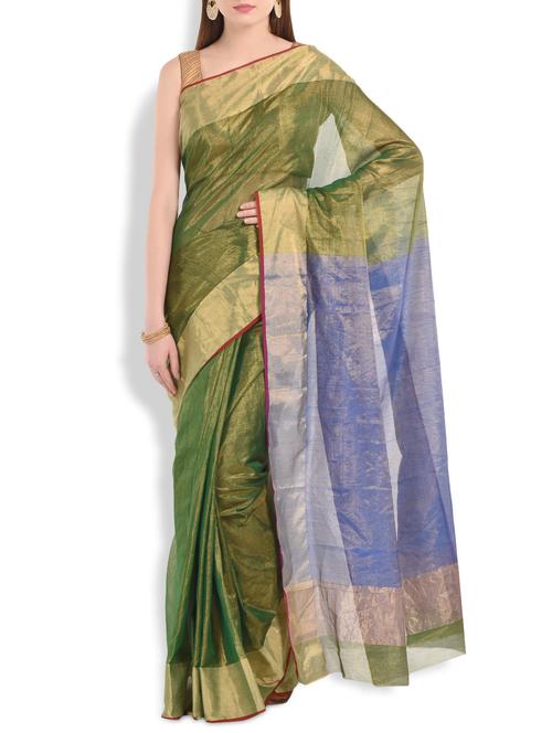 olive chanderi silk saree with gold border - 10064727 - Very Small Image - 1