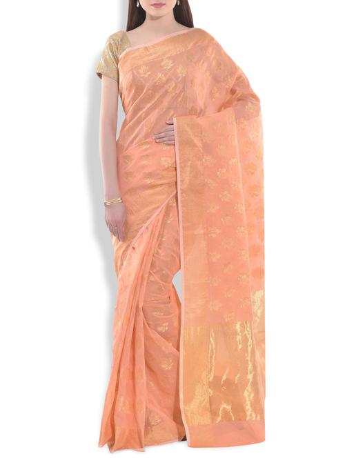 peach floral brocade banarasi silk saree - 10064739 - Very Small Image - 1