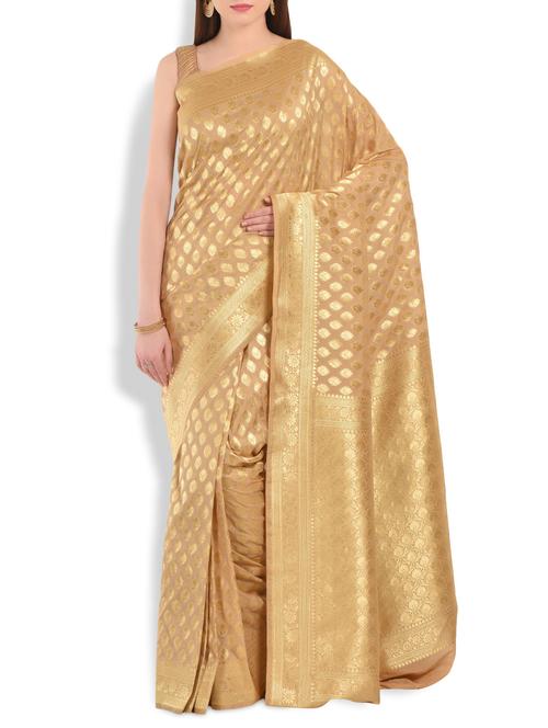 gold floral brocade banarasi silk saree - 10064740 - Very Small Image - 1