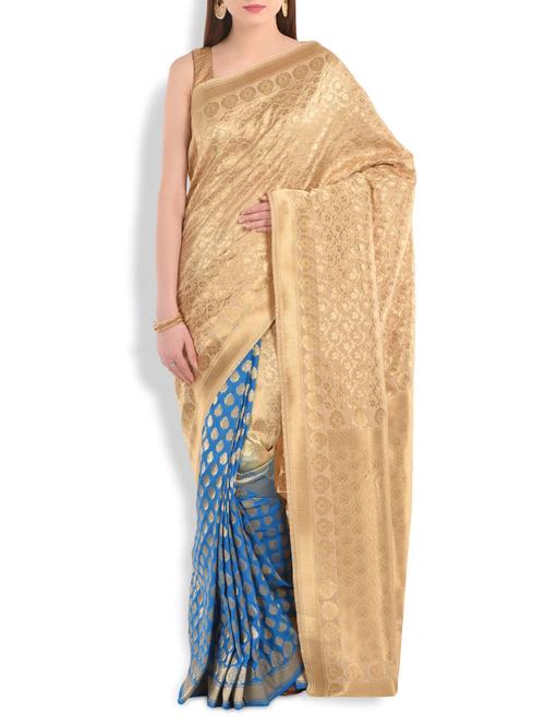 blue half and half brocade banarasi silk saree - 10064743 - Very Small Image - 1