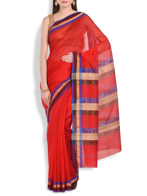 red chanderi silk saree with multicolored border - 10064745 - Very Small Image - 1