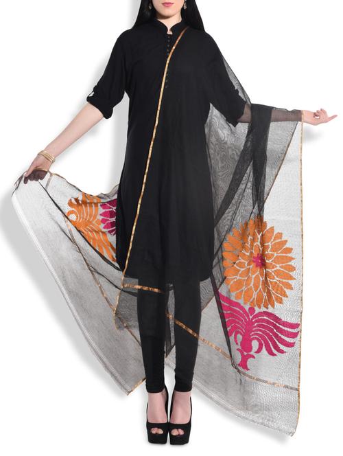 black floral khadi net dupatta - 10064754 - Very Small Image - 1