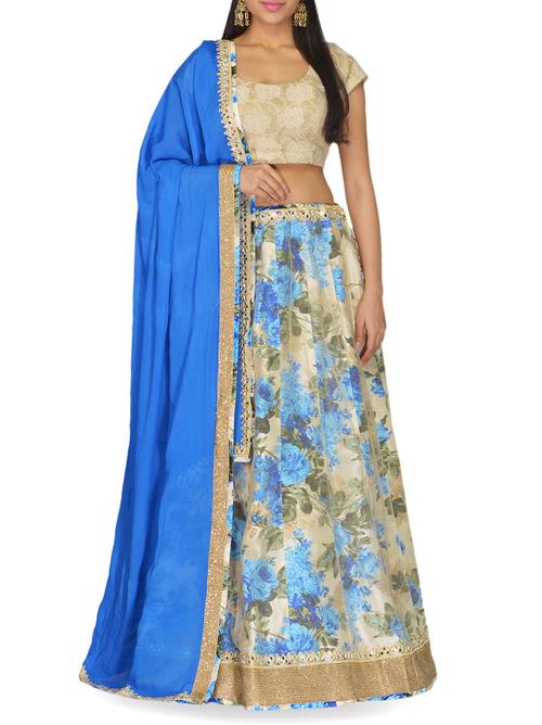 blue and beige floral printed lehenga set - 10068306 - Very Small Image - 1
