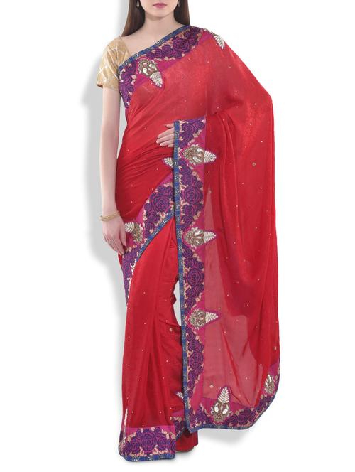 red resham embroidered and embellished crepe saree - 10069447 - Very Small Image - 1