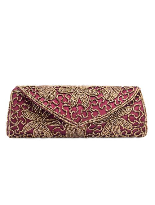 Maroon Beads Embellished Flap Clutch - 1007093 - Very Small Image - 1