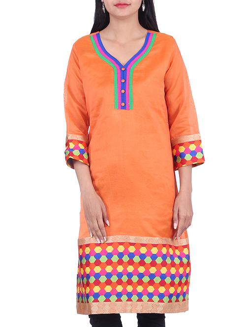 orange chanderi straight kurta - 10082333 - Very Small Image - 1