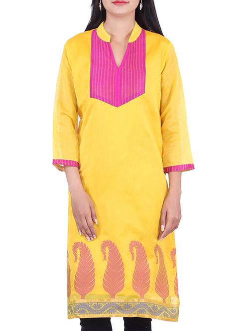 yellow chanderi straight kurta - 10082350 - Very Small Image - 1