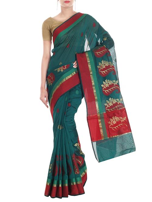 green banarasi silk saree with with blouse - 10082685 - Very Small Image - 1
