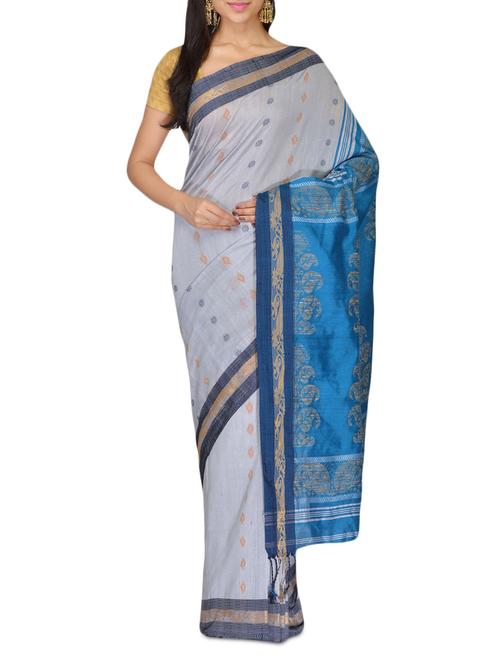 grey, blue cotton saree - 10083291 - Very Small Image - 1