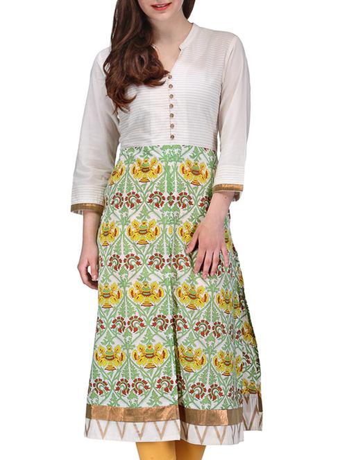 cream, green cotton kurta - 10086530 - Very Small Image - 1