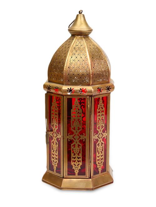 Deziworkz Brass Cherry Red Glass Lantern - 10093892 - Very Small Image - 1