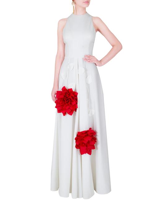 white pleated long gown with floral 3d applique details - 10116826 - Very Small Image - 1