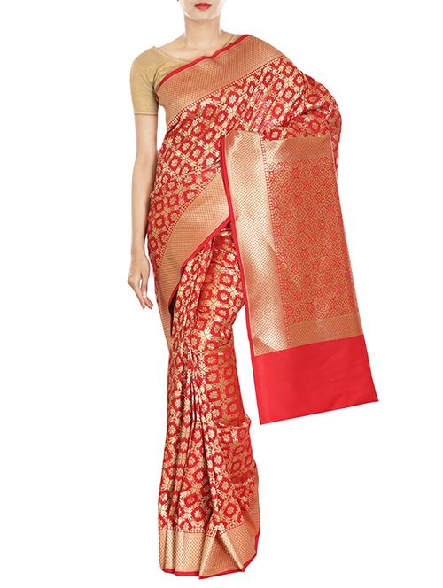 red banarasi silk saree with blouse - 10147443 - Very Small Image - 1