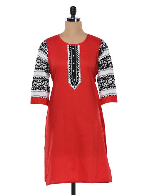 red printed sleeves cotton kurta - 1017231 - Very Small Image - 1
