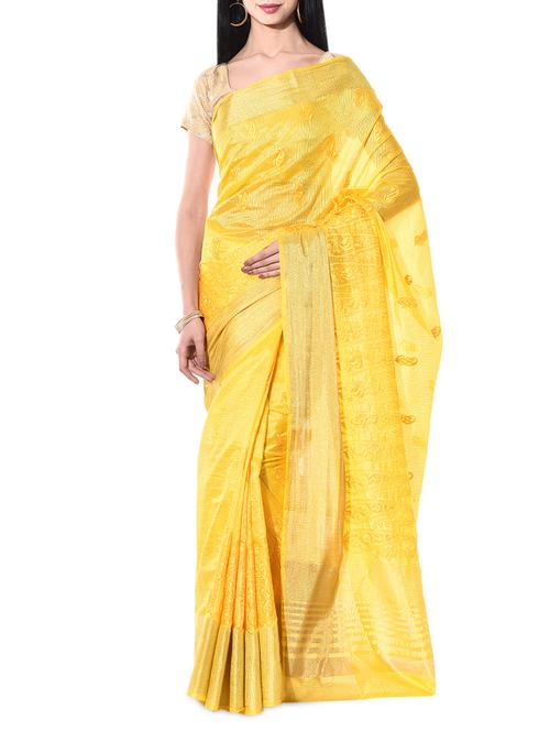 my ochre trunk yellow raw silk embroidered sari - 10236788 - Very Small Image - 1