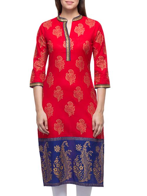red cotton block printed straight kurta - 10259662 - Very Small Image - 1