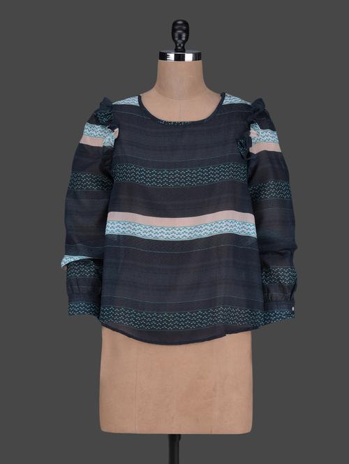 navy blue printed top with gathers - 1026179 - Very Small Image - 1