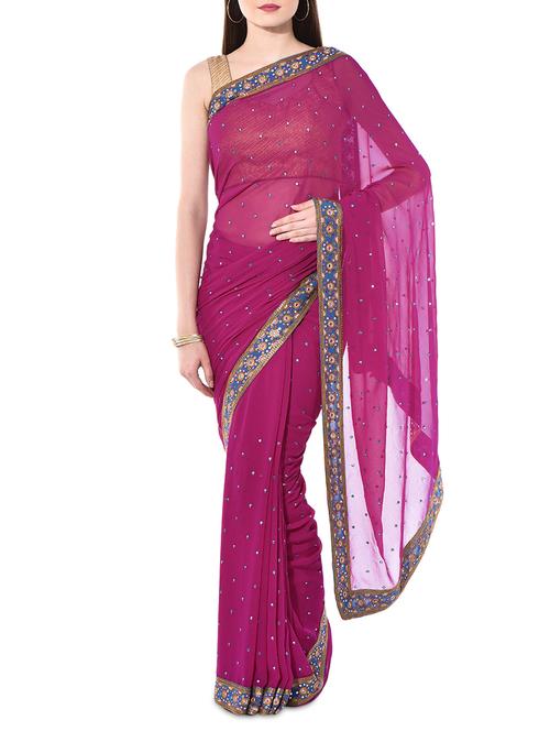 Magenta embellished georgette saree - 10266686 - Very Small Image - 1
