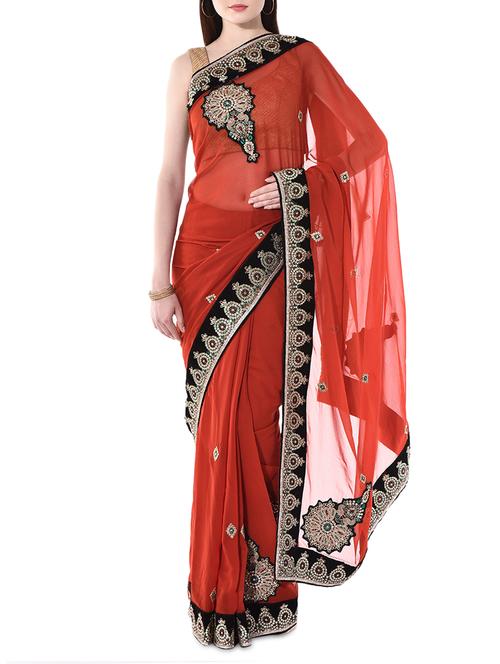 Rust embroidered and sequined georgette saree - 10266687 - Very Small Image - 1