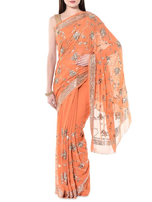 Orange embellished georgette saree - 10266696 - Very Small Image - 1
