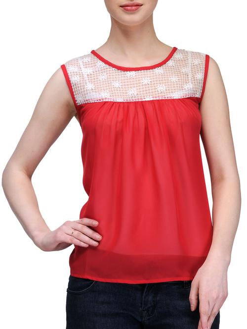 red lace yoke sheer chiffon top - 1030133 - Very Small Image - 1