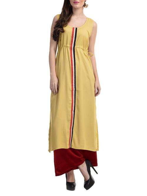 Beige cotton long kurta - 10309678 - Very Small Image - 1