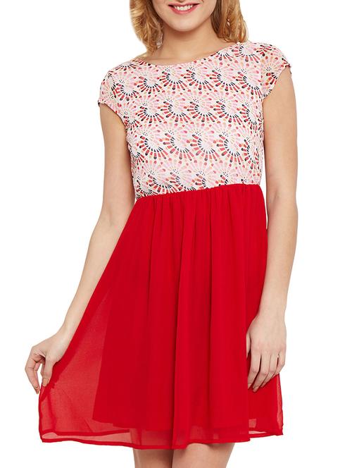 the vanca red printed and gathered georgette skater dress - 10315155 - Very Small Image - 1