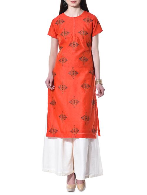 Orange printed chanderi silk kurta - 10315434 - Very Small Image - 1