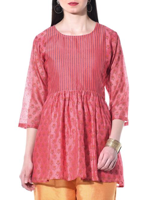 Kaanchie Nanggia coral hand block printed chanderi kurta - 10315440 - Very Small Image - 1
