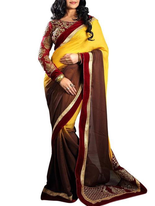 yellow and brown satin velvet saree - 10316924 - Very Small Image - 1