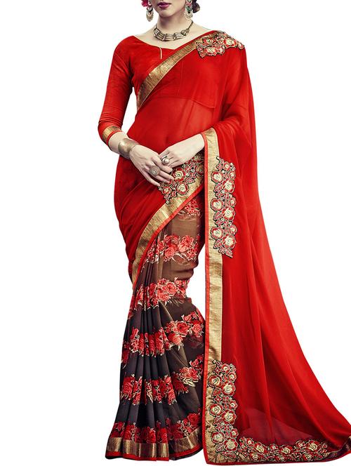 red and brown georgette saree - 10317041 - Very Small Image - 1