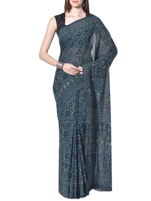 Dark green printed cotton saree - 10327200 - Very Small Image - 1