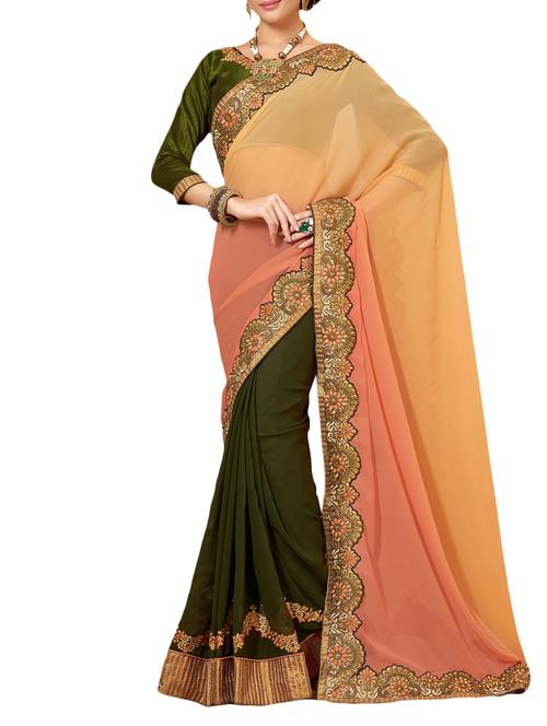 Beige & olive green georgette embroidered half and half saree - 10401964 - Very Small Image - 1