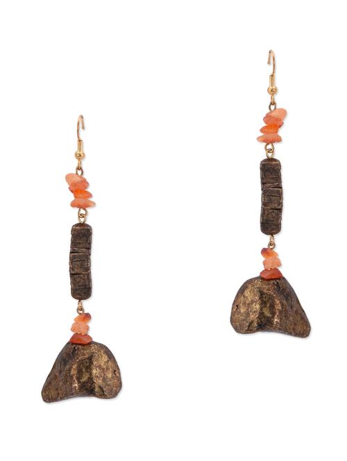 burnished gold & carnelium beads dangle earrings - 10414417 - Very Small Image - 1