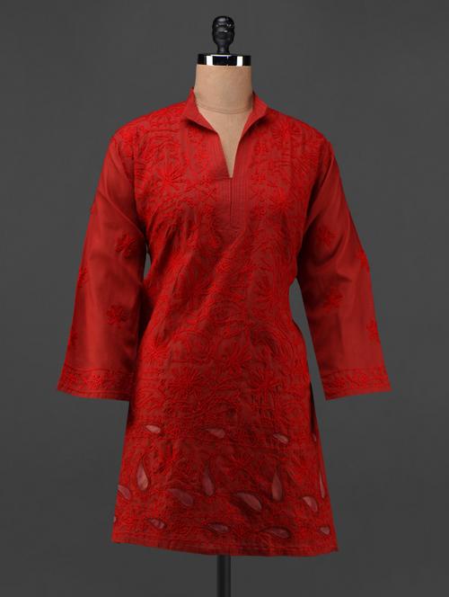 Red cotton Aari work Kurta - 1047883 - Very Small Image - 1