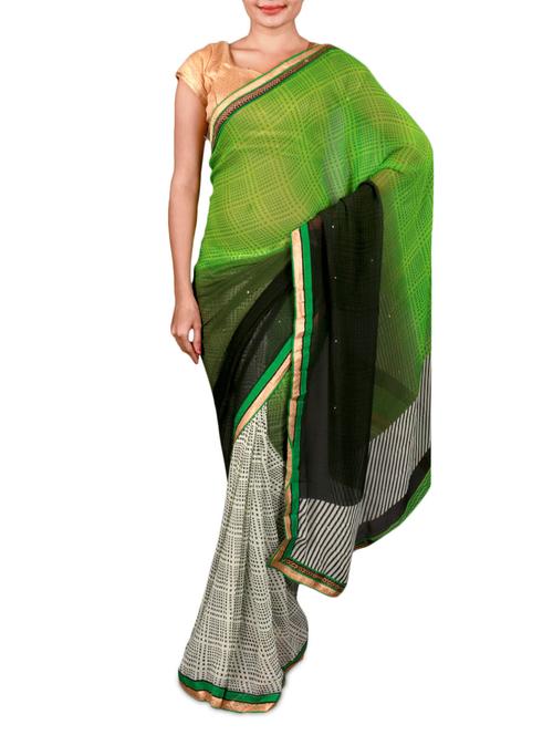Green Printed Georgette Saree - 1050407 - Very Small Image - 1
