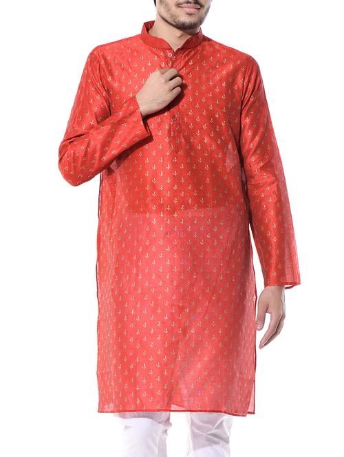 red dupion printed long kurta - 10551791 - Very Small Image - 1