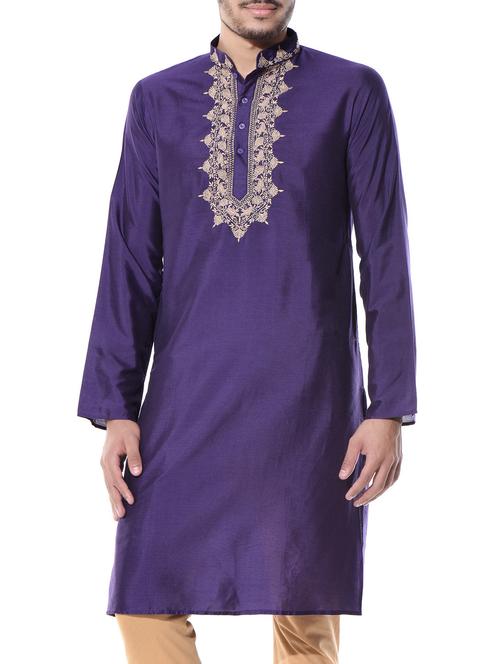 purple solid long kurta with embroidered neckline - 10551806 - Very Small Image - 1