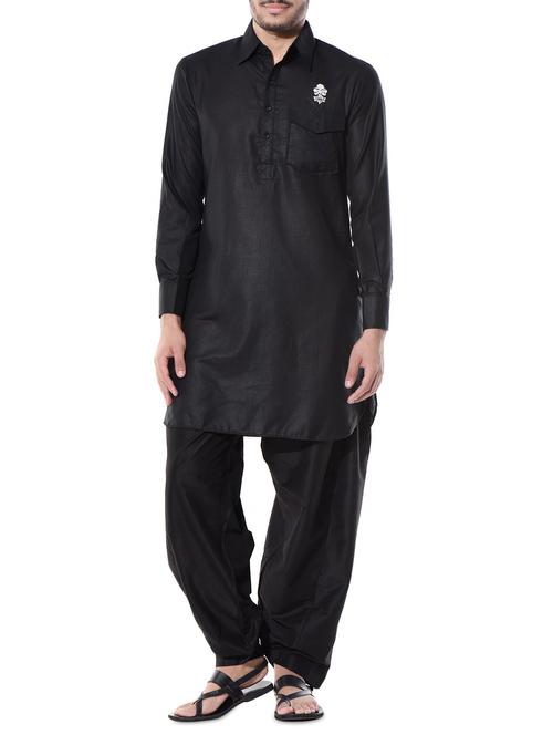 black dupion silk kurta pyjama set - 10551808 - Very Small Image - 1