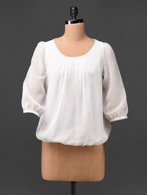 plain three quarter sleeves georgette top - 1056257 - Very Small Image - 1